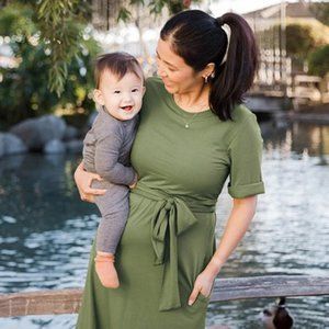 Kindred Bravely Womens Olive Green Tie Waist Maternity Midi Shift Dress Size M